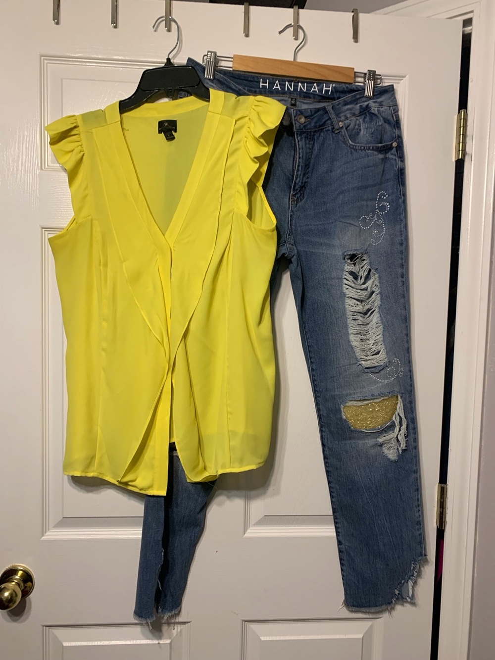 Bright Yellow Sleeveless V-Neck Ruffle Blouse and jeans bundle